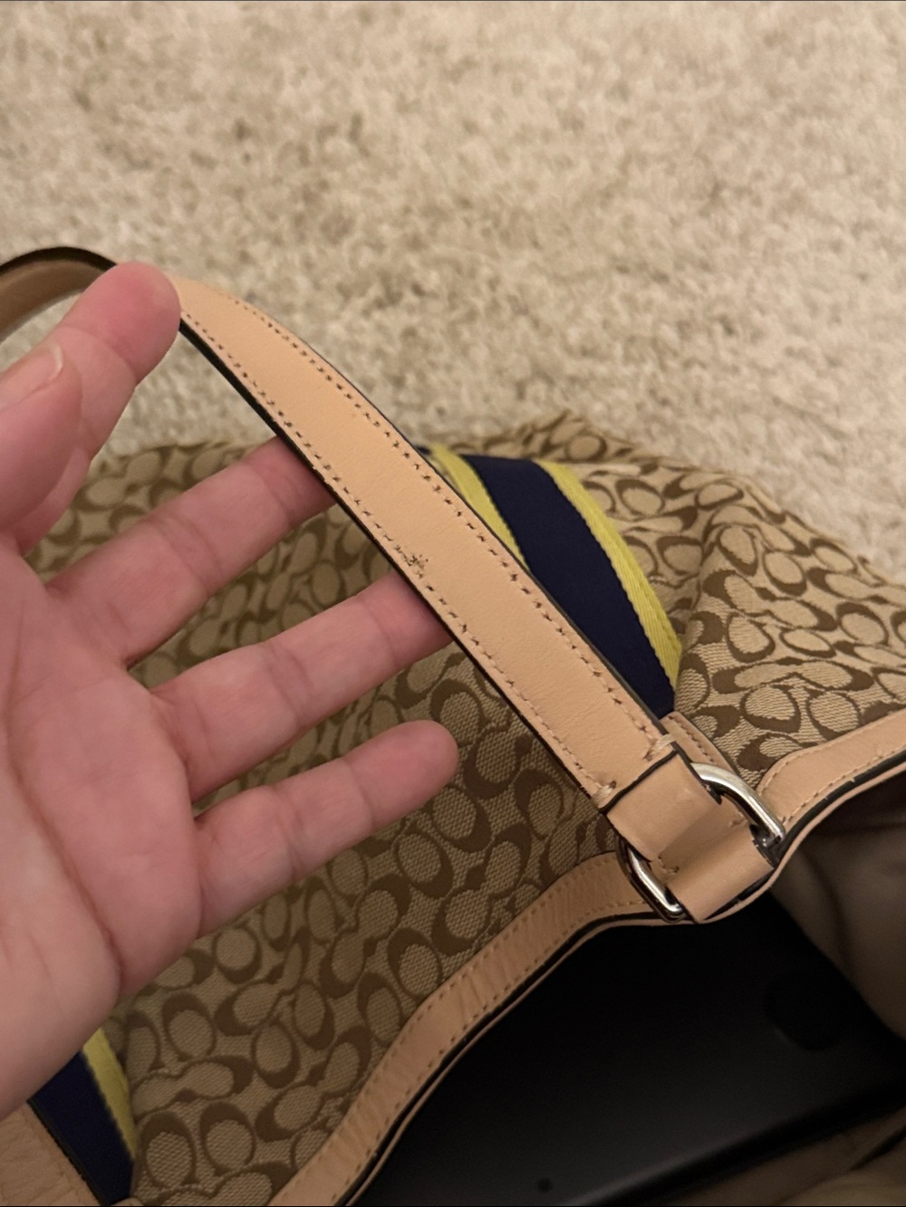 Coach Canvas Tote with Navy & Yellow Stripe Accents - Picture 15 of 16